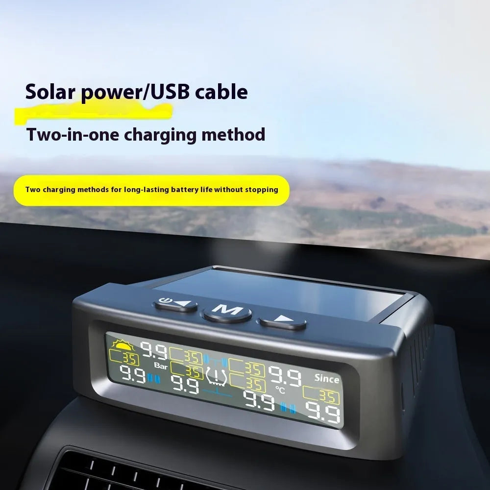 T12 six-wheel solar TPMS monitor with external sensors for RV and truck, 0-9.9 bar 0-144 psi, ABS PC housing.