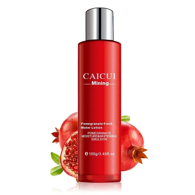 Pomegranate skincare set showing four red bottles: face wash, toner, lotion, and facial cream