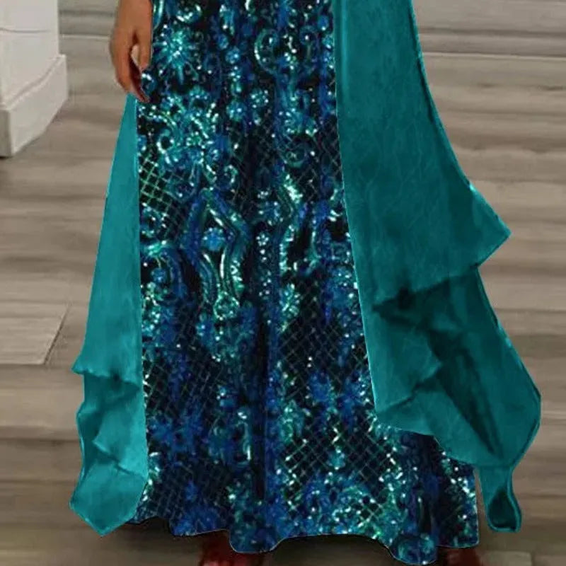 Plus size women's blue dress set with V-neck top, lining, long skirt, and crocheted flowers on polyester fabric