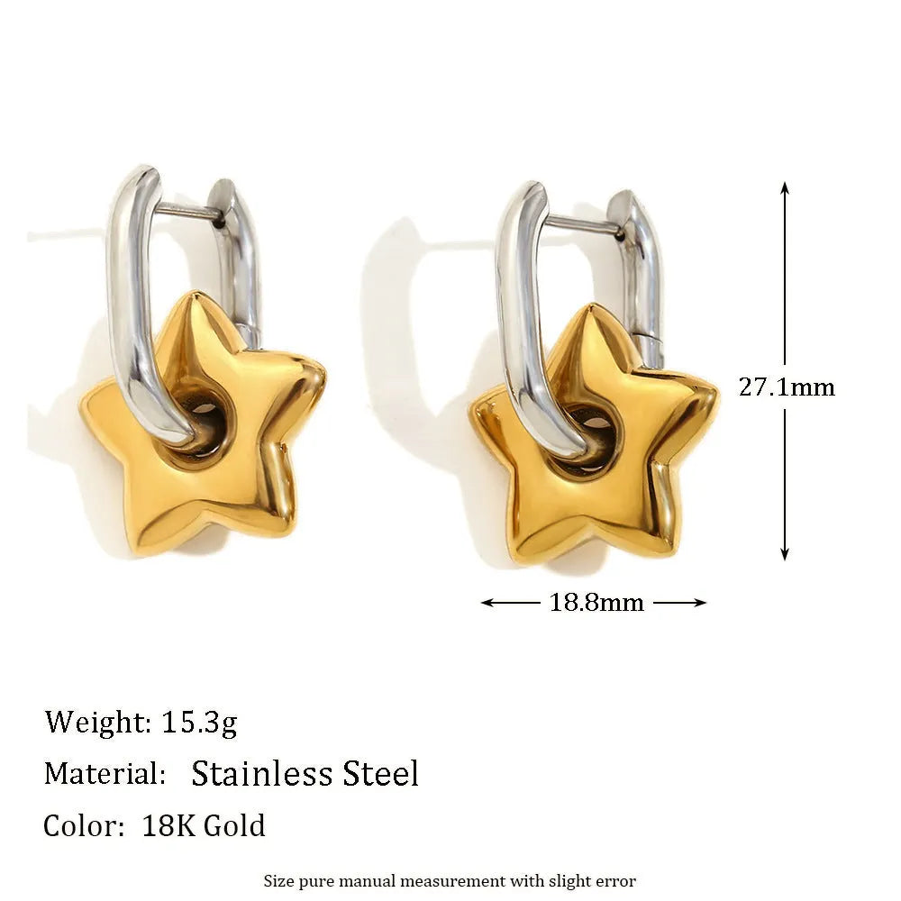 Gold tone electroplated stainless steel jewellery set with geometric shapes including earrings, bracelet and necklace