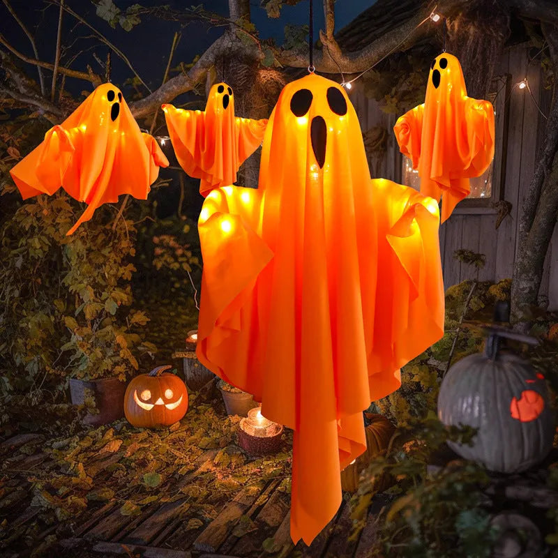 Halloween ghost lamp with luminous cloth ghosts in white and orange colours for indoor horror lighting
