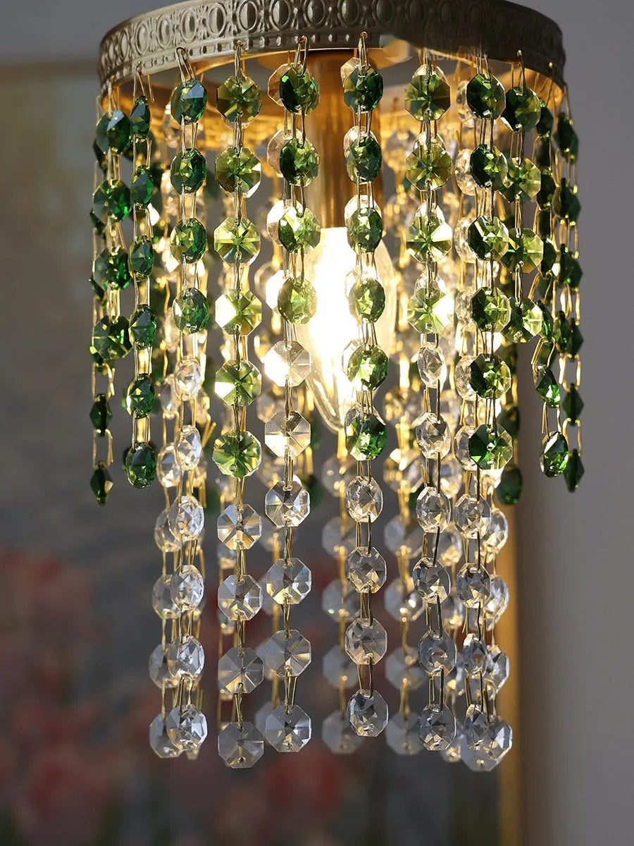 Retro crystal small droplight bedside lamp in Green Glacier finish for living room and corridor use