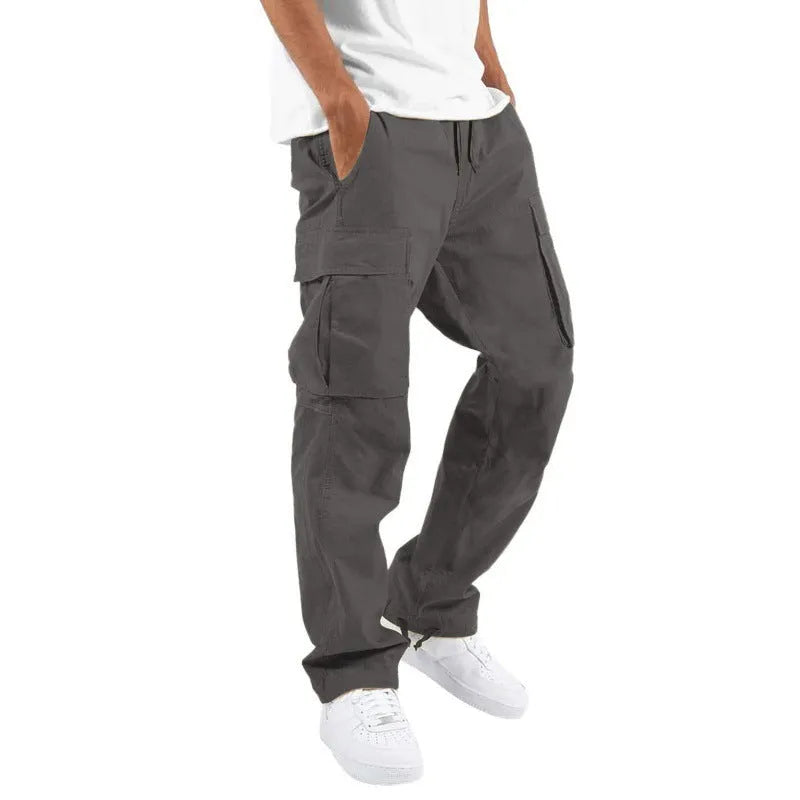 Trade drawstring multi-pocket casual trousers in black cotton blend, loose fit work clothes