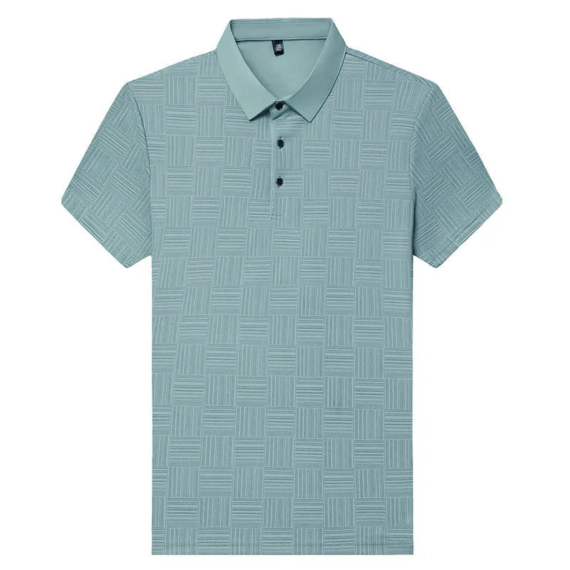 Man wearing a slim fit lapel T-shirt in a chemical fibre blend, available in multiple colours.