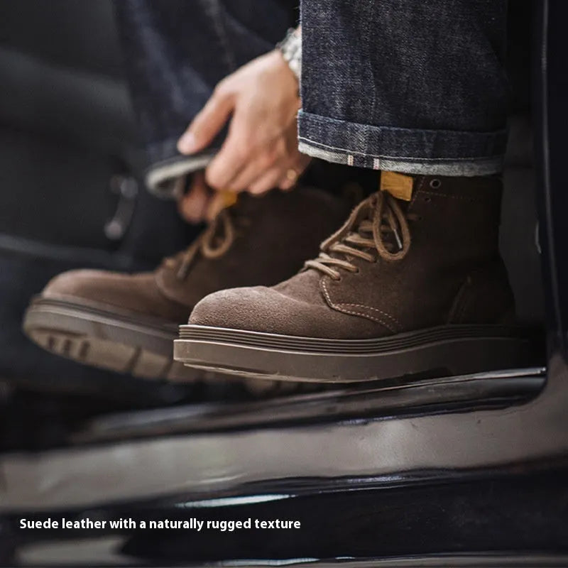 Men's rock brown cowhide platform Martin boots with middle high top, round toe and front lace-up, sizes 38-44