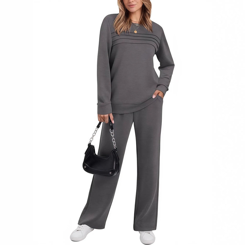 Women's casual long sleeve solid colour drawstring trousers suit set in army green with regular sleeves and polyester fabric
