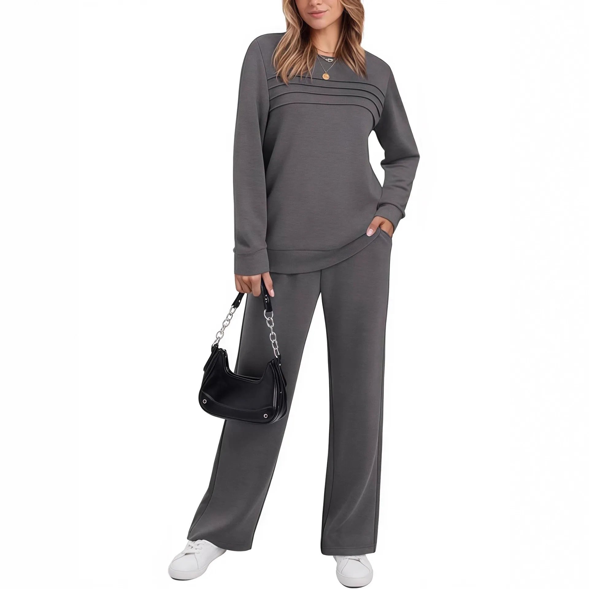 Women's casual long sleeve solid colour drawstring trousers suit set in army green with regular sleeves and polyester fabric