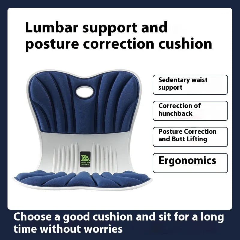 Grey ergonomic waist support cushion on office chair for posture correction