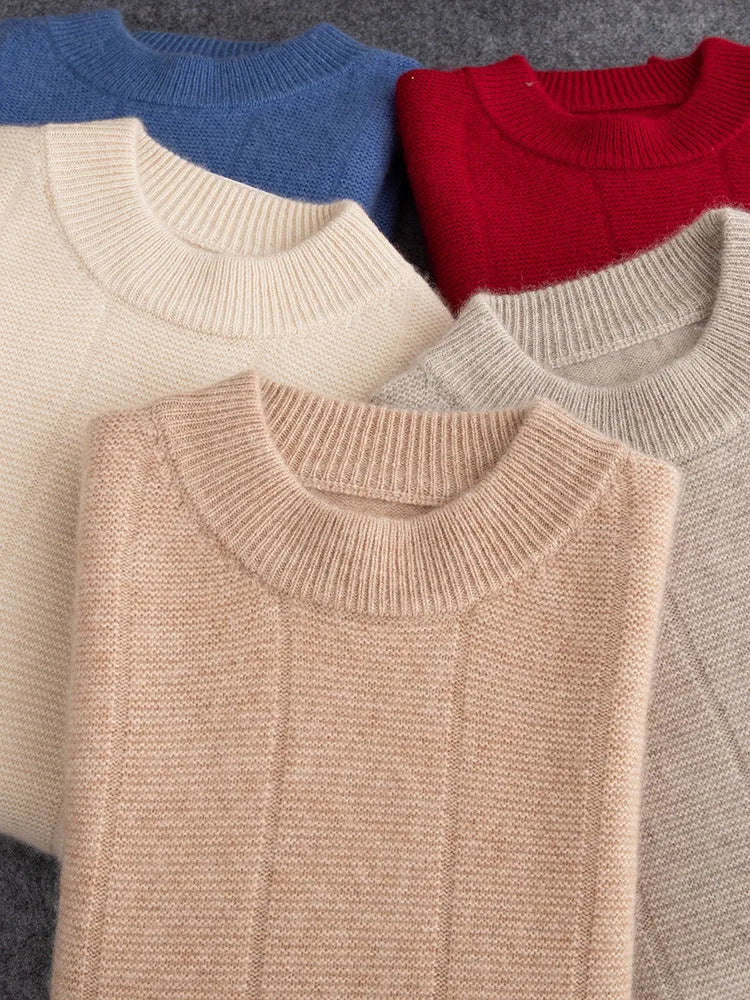 High Sense men double thick cashmere sweater round neck striped solid colour pullover winter casual bottoming shirt