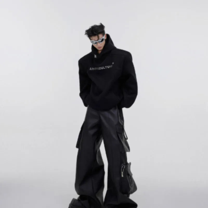 Men's grey loose fit hooded sweater with metal 3D printed design on shoulders