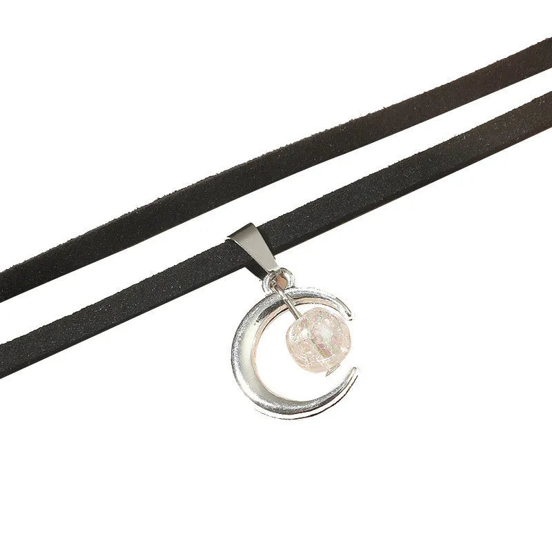 Korean style double-layer moon pendant necklace with acrylic beads and velvet alloy chain
