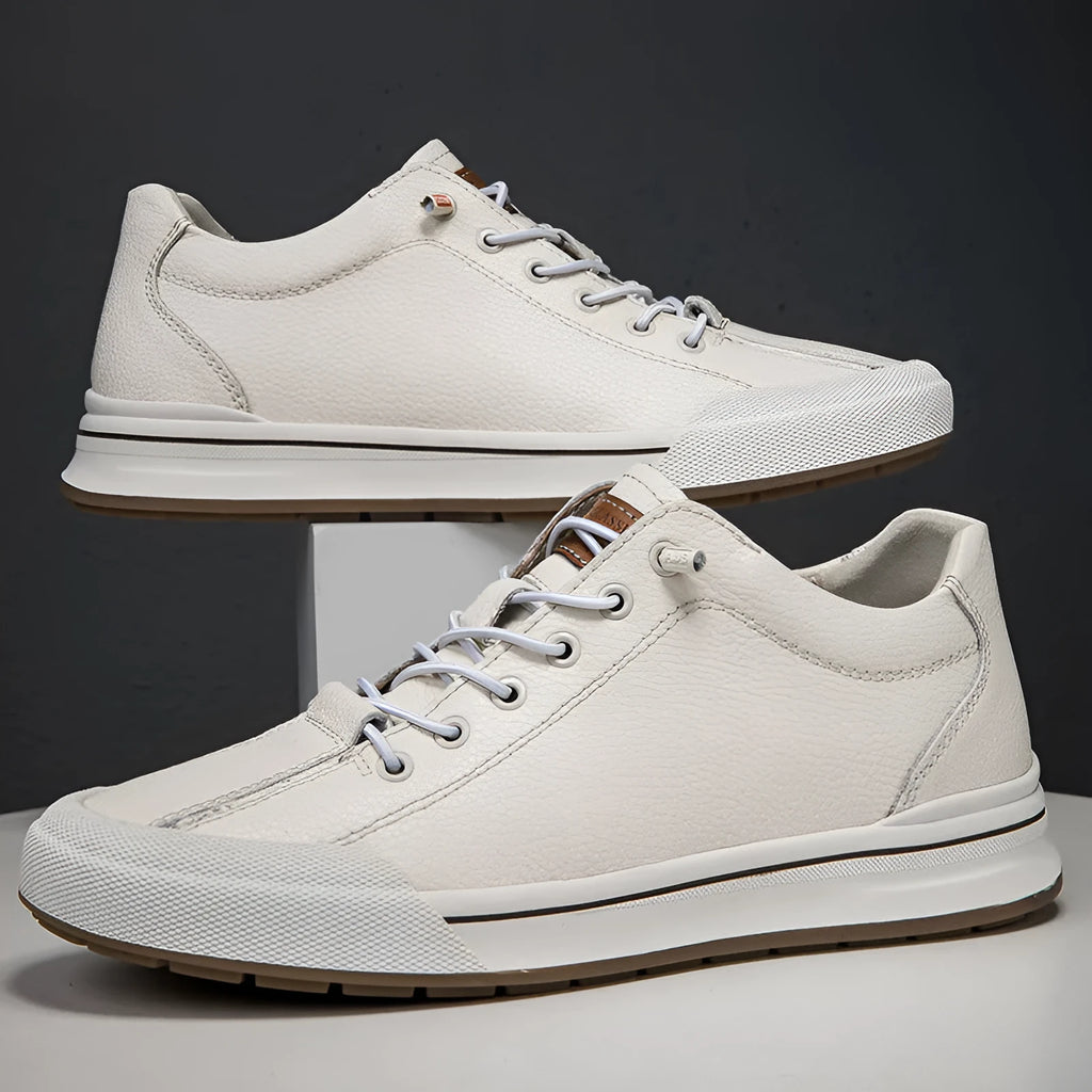 Men's white breathable leather shoes with round toe and flat heel in matte finish