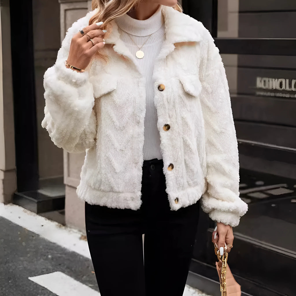 Women's ivory white double-sided plush cardigan top coat with button front