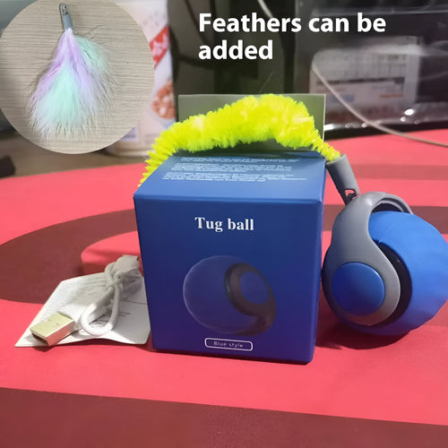 Automatic cat toy car with silicone spike ball in blue rolling on wooden floor