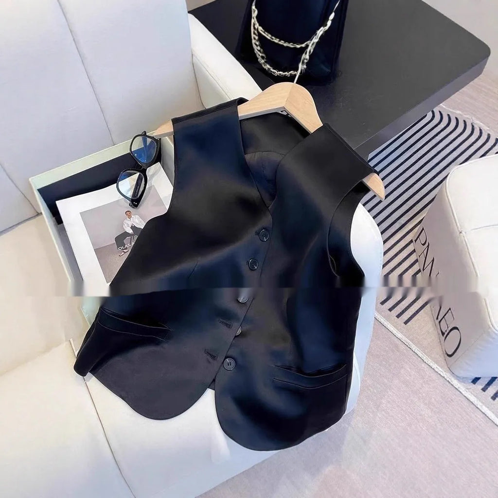 Black satin sleeveless vest for women with loose fit and splicing decorative details