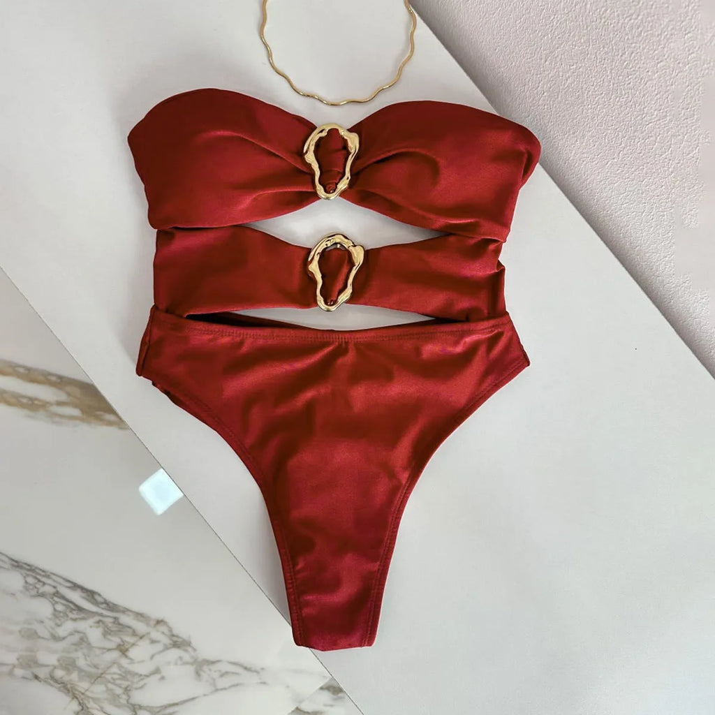Nylon one-piece solid colour swimsuit for women in black, brown, or red sizes S M L for swimming and wading