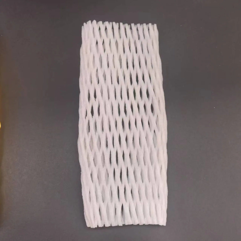 White foam fruit protective net cover shown in multiple size options for transport protection