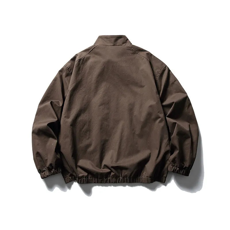 Japanese outdoor stand-up collar casual jacket in solid khaki colour with side pockets