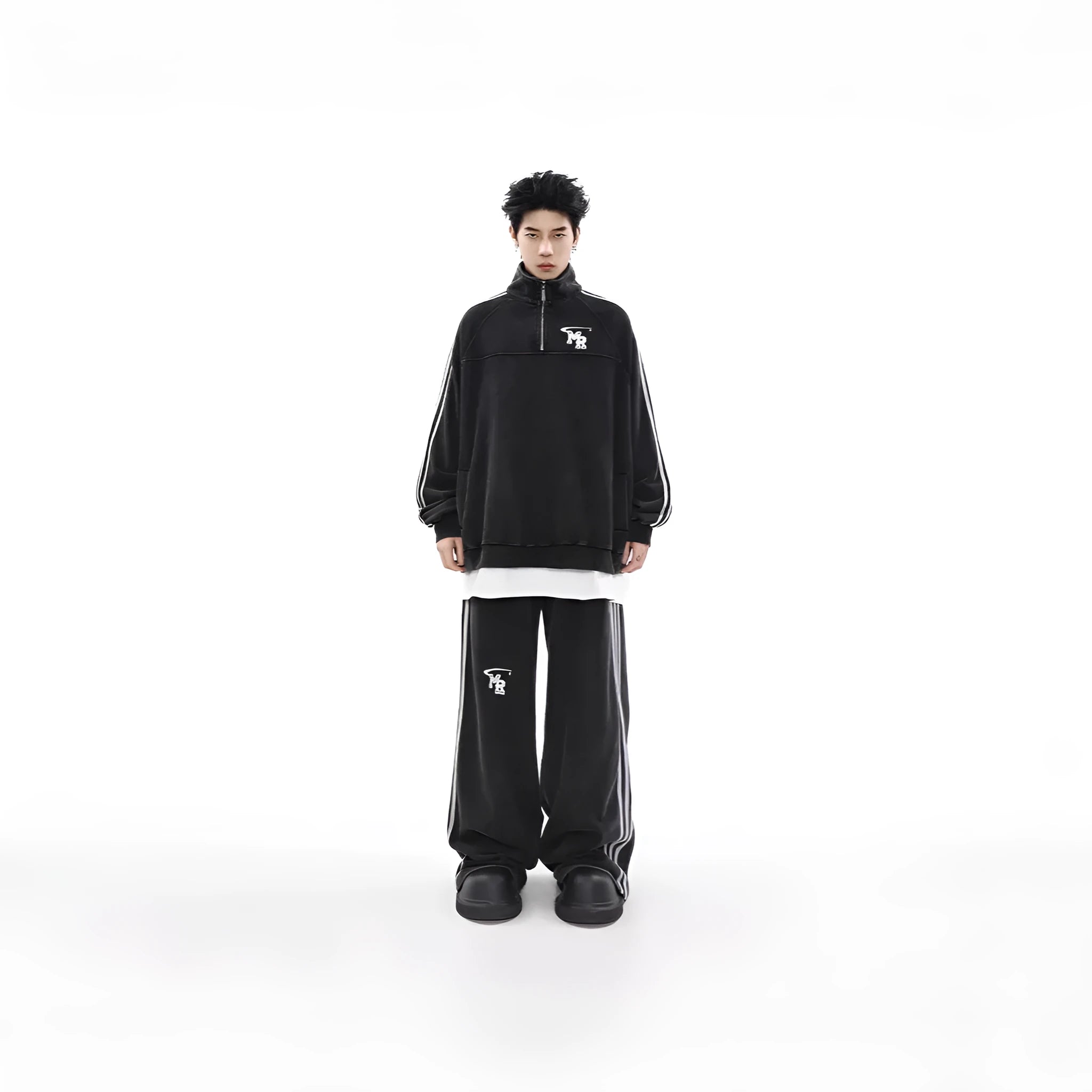 Black retro sports hoodie with a stand collar and long sleeves on a mannequin.