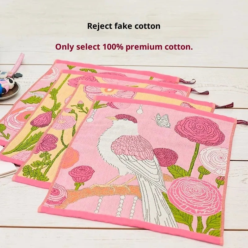 Class A pure cotton gauze square towel 40x34cm in printed Pink Phoenix, Peony, Smoke Bird, and White Pigeon designs
