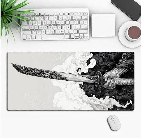 Custom anime graphic gaming mouse pad with non-slip rubber base on a wooden desk.