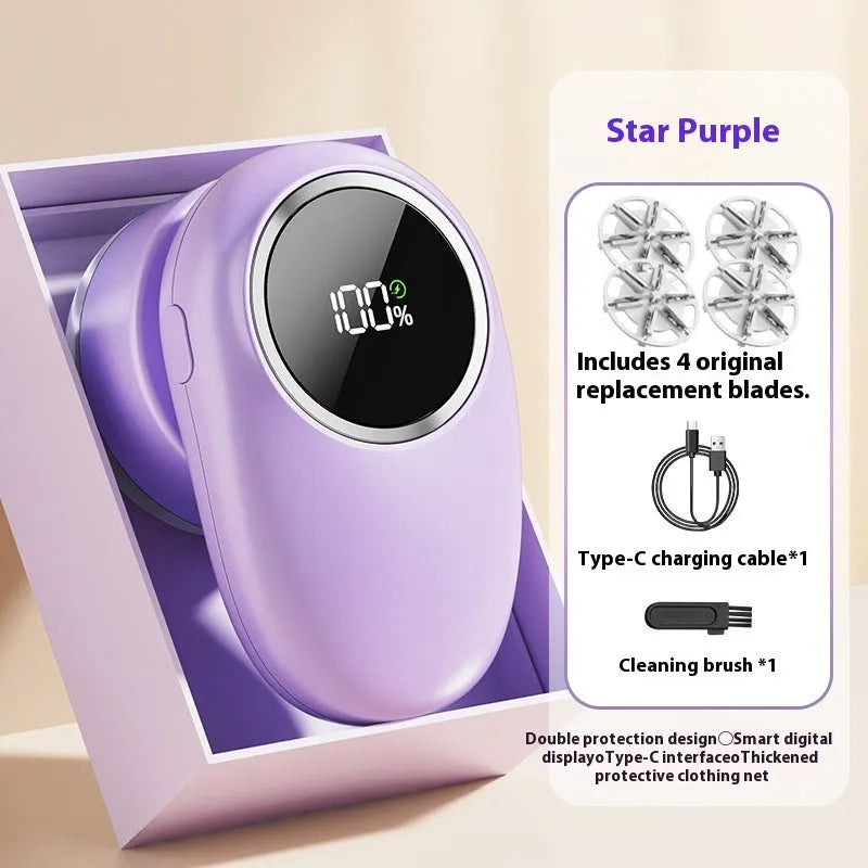 Beige and purple digital fur ball trimmer lint removers with stainless steel cutter heads on a USB cable.