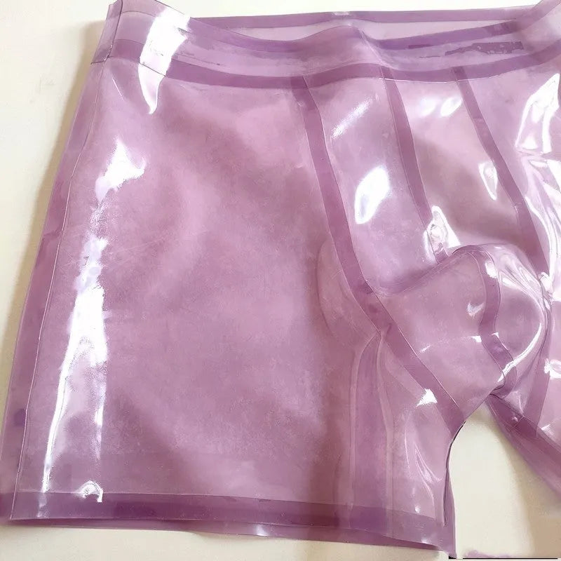 Men's low waist purple latex underwear brief, available in sizes XS to 3XL.
