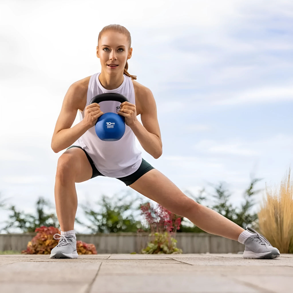 Blue cast iron teapot dumbbell showing immersion shape design on solid background