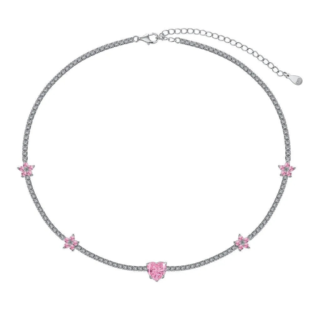 925 sterling silver tennis necklace with heart-shaped pendant for women, electroplated finish