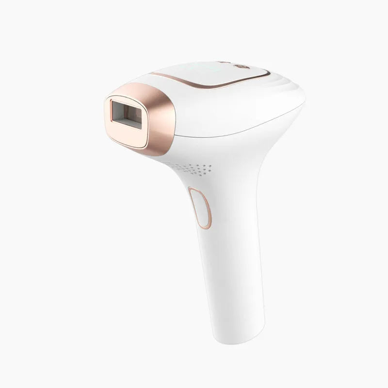 Pink and white three-in-one ice-sensing laser hair removal device with charging cable and accessories on a white background.