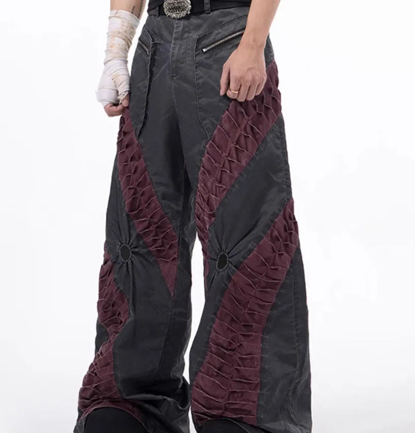 Retro three-dimensional keel casual sports pants in grey rayon viscose fabric, showing tight fit and straight hem.