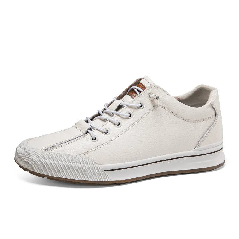 Men's white breathable leather shoes with round toe and flat heel in matte finish
