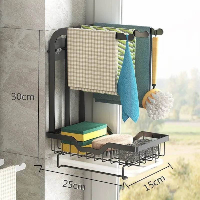 Foldable plastic kitchen storage rack for rags in a new Chinese style, shown in wall-mounted and tabletop use.