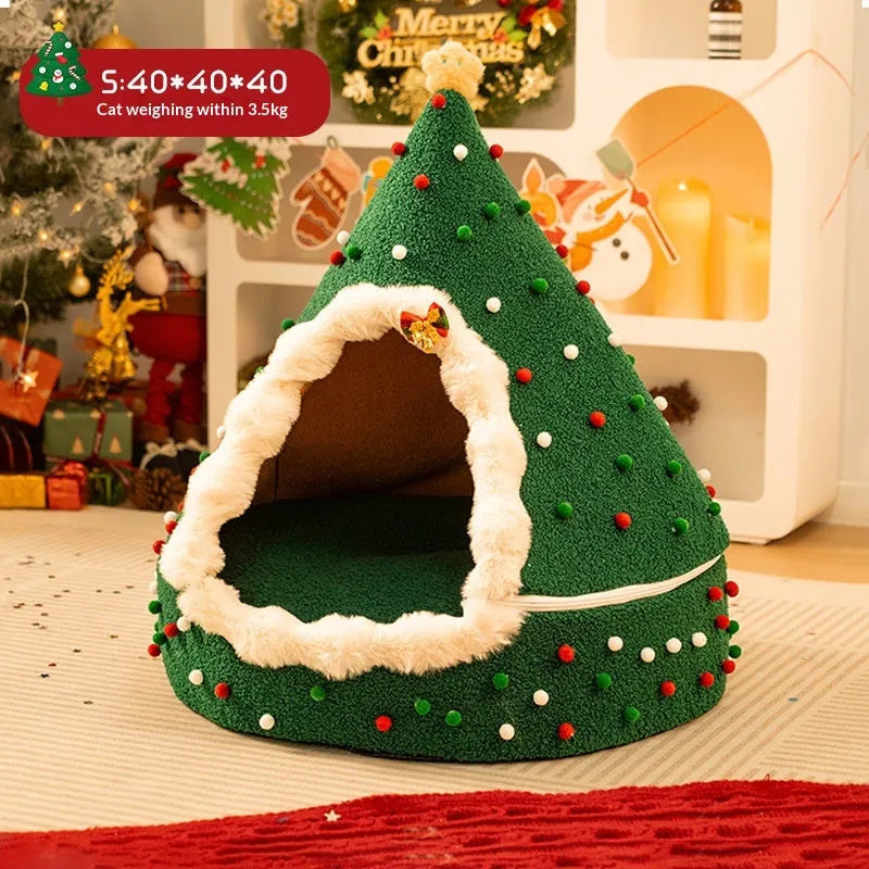 Closed plush Christmas tree cat nest with PP cotton fill, available in multiple sizes