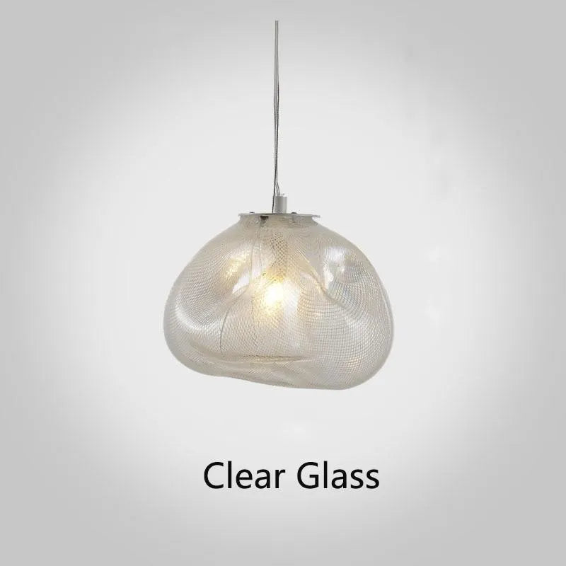 Modern fabric chandelier with glass shade in amber, clear, or smoke grey colour, shown in large and small size options.