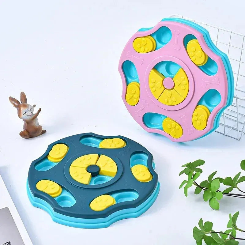 Blue plastic dog puzzle feeder bowl with interactive games for aggressive chewers
