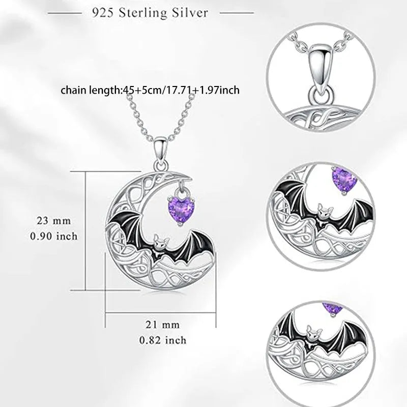 925 silver bat pendant necklace with O-shaped chain, retro gothic style, 51cm to 60cm circumference