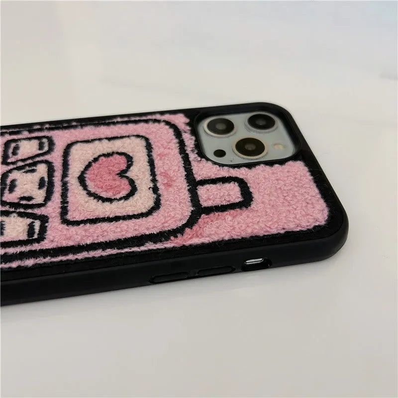 Pink towel embroidered TPU back cover case for iPhone models X through 15.