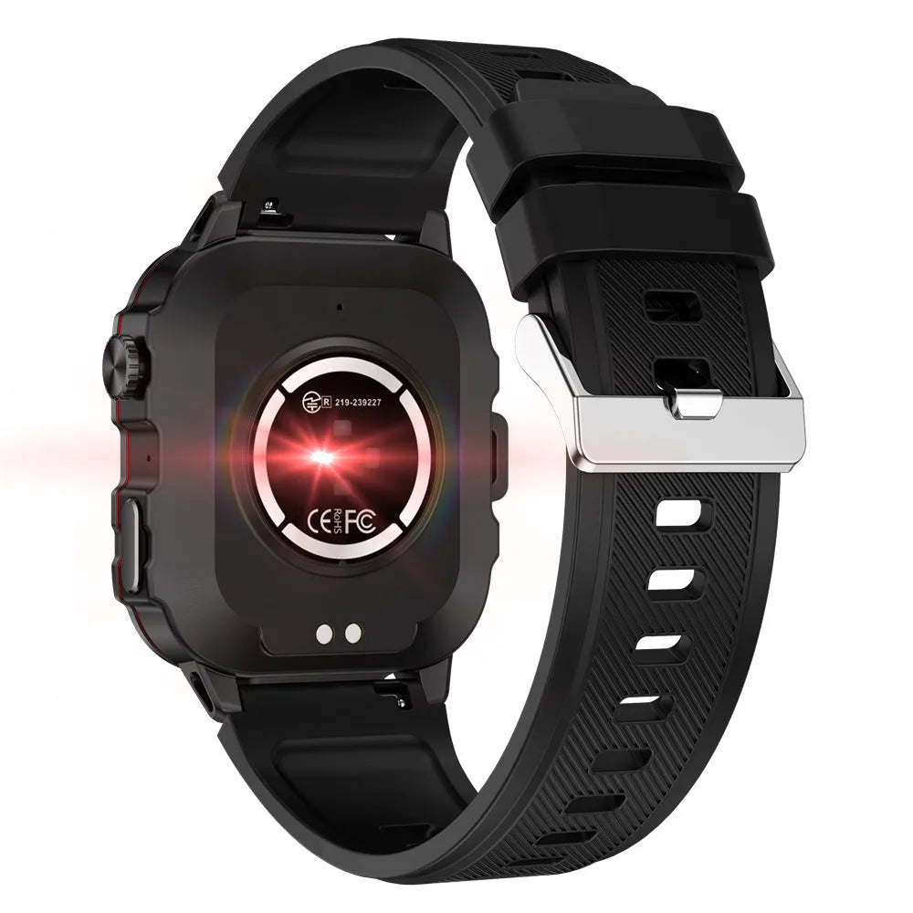 QX11 Smart Watch in black with zinc alloy case and touch screen displaying heart rate and step count.