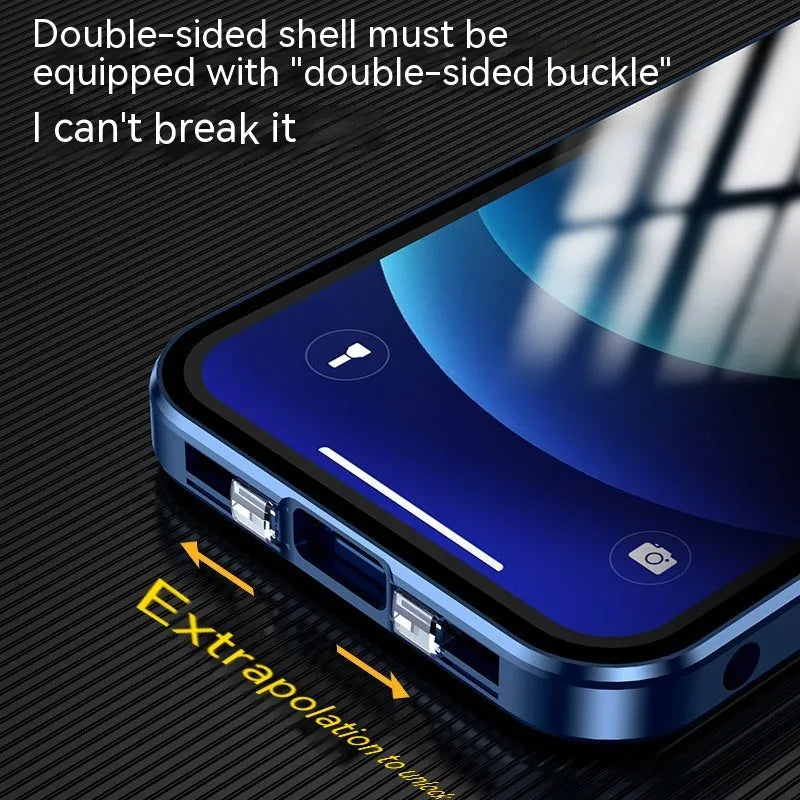 Glass privacy phone case with double-sided buckle for Apple iPhone, shown in multiple colour options.