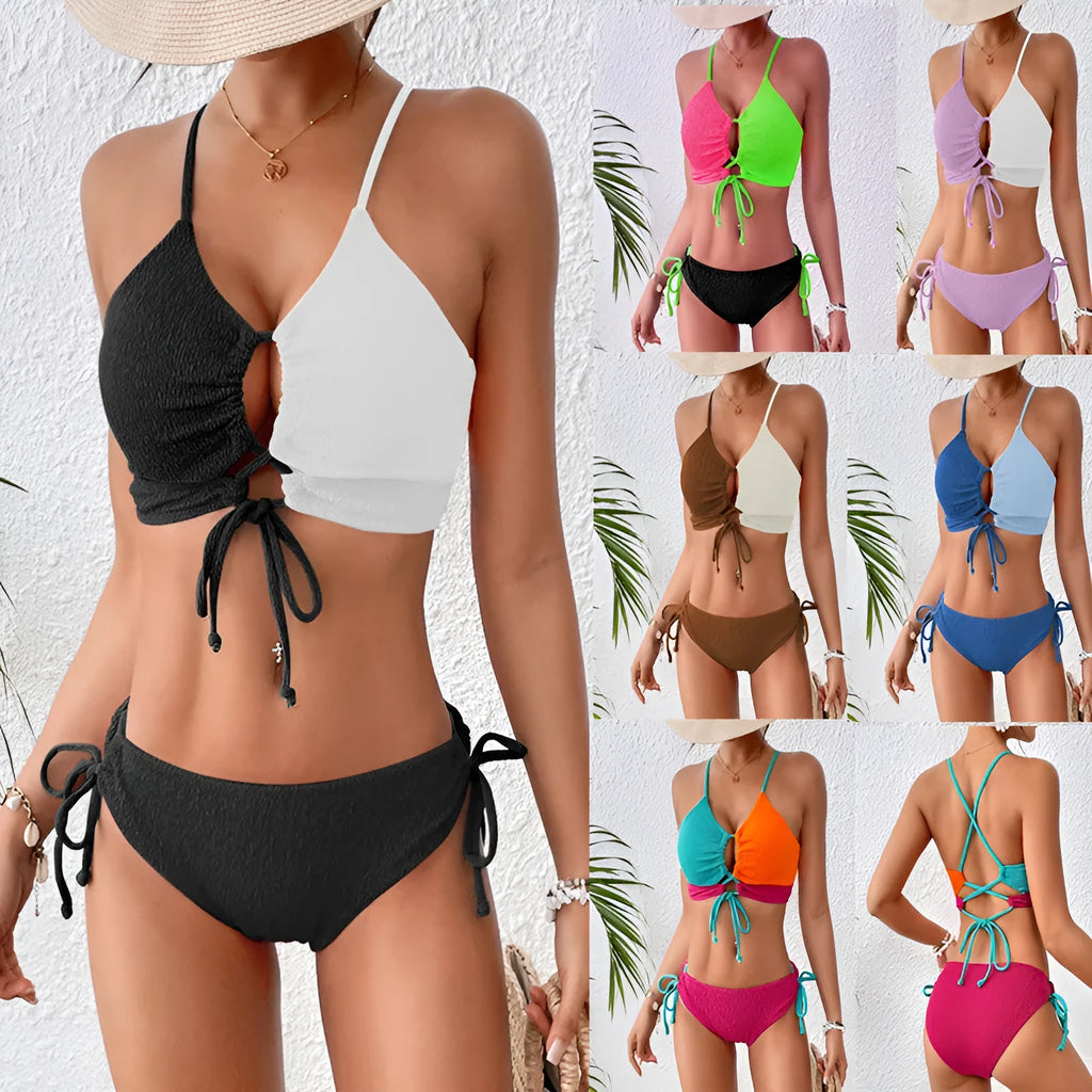 Women's black and white contrast colour cross sling hollow bikini set in polyester, front view