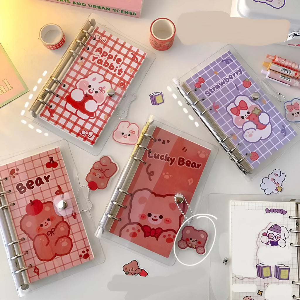 A6 loose-leaf notebook with heart designs showing Apple bear pattern, 80 sheets, 6-hole binder format