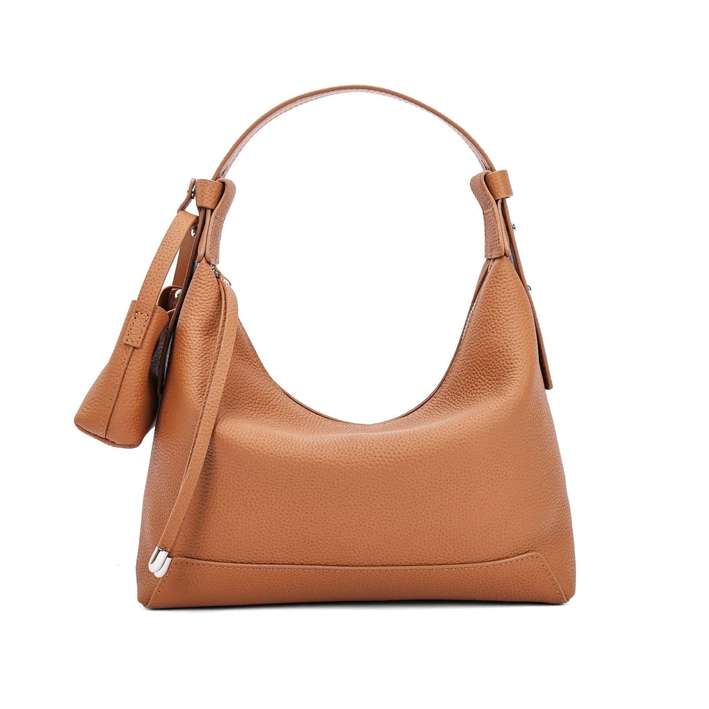 Genuine cowhide leather ladies shoulder bag in urban simple style with decorative sewing thread