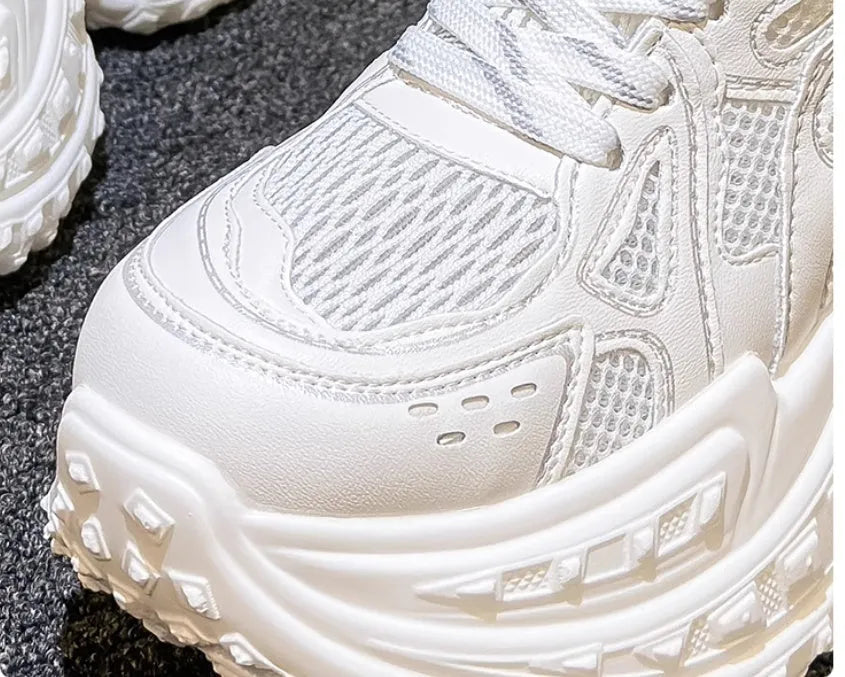 White women's lace-up dad sneakers with round toe and height increasing insoles