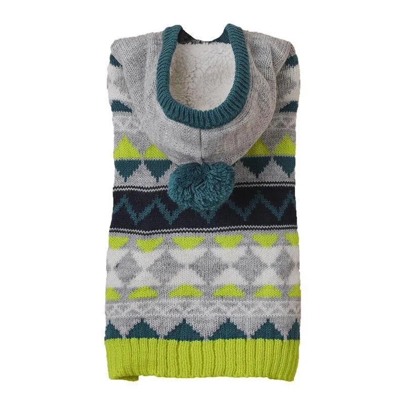 Blue diamond pattern acrylic pet sweater on a dog, showing classic knit design.