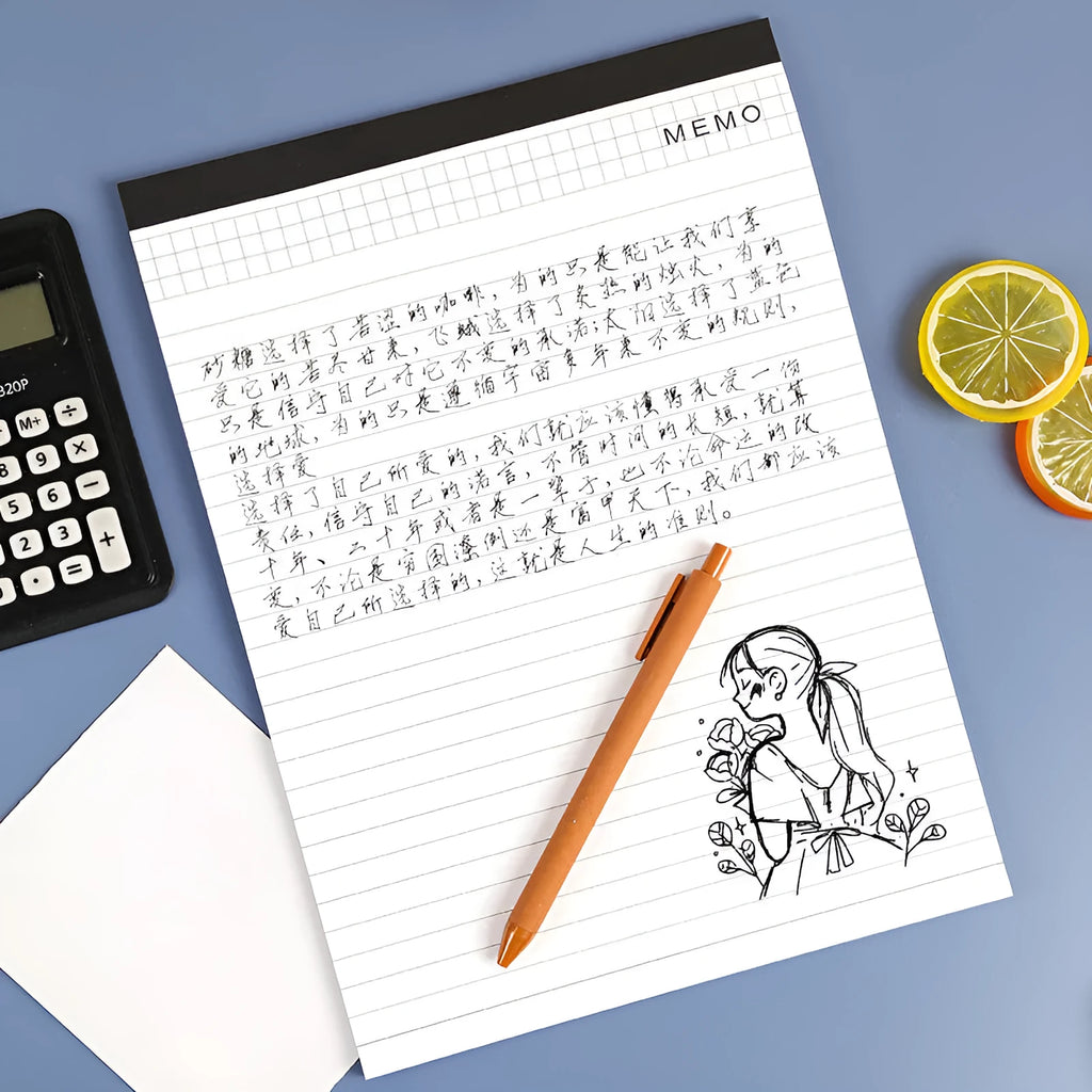 A4 tearable notebook with grid-lined paper and adhesive binding, shown in A4 and A5 sizes