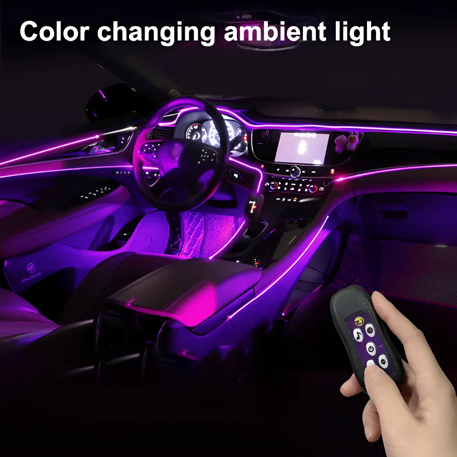 Car interior LED atmosphere lighting strip with colourful colour changing effects installed along dashboard