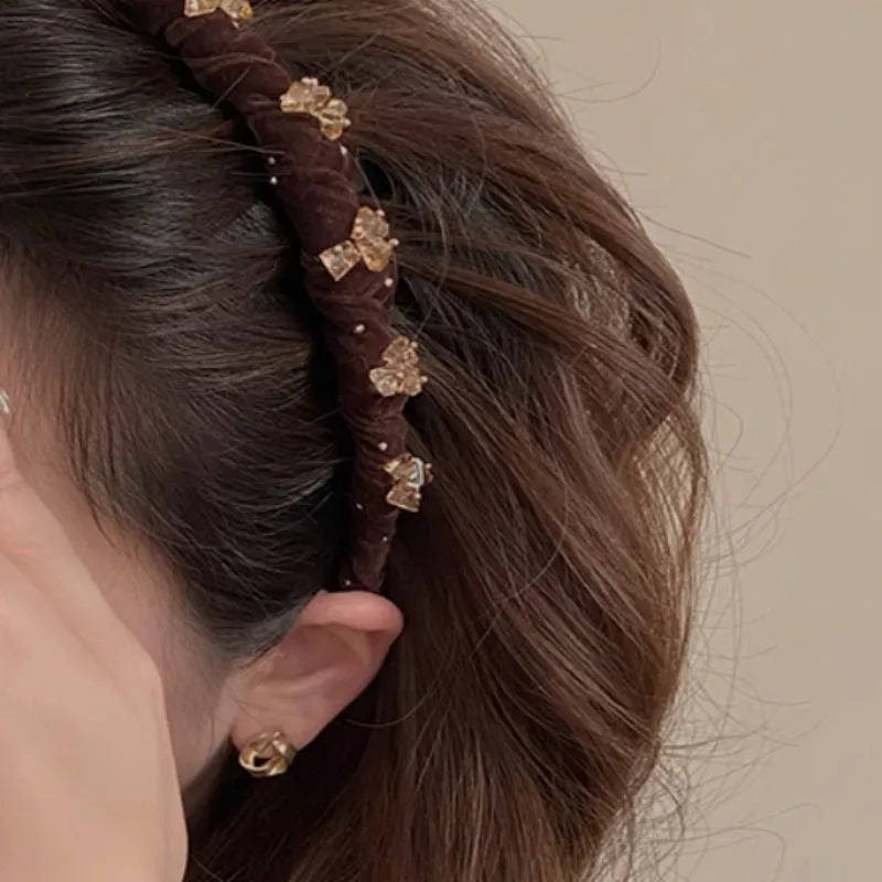 French velvet hairband with crystal wave pressing in wine red, non-slip high head design