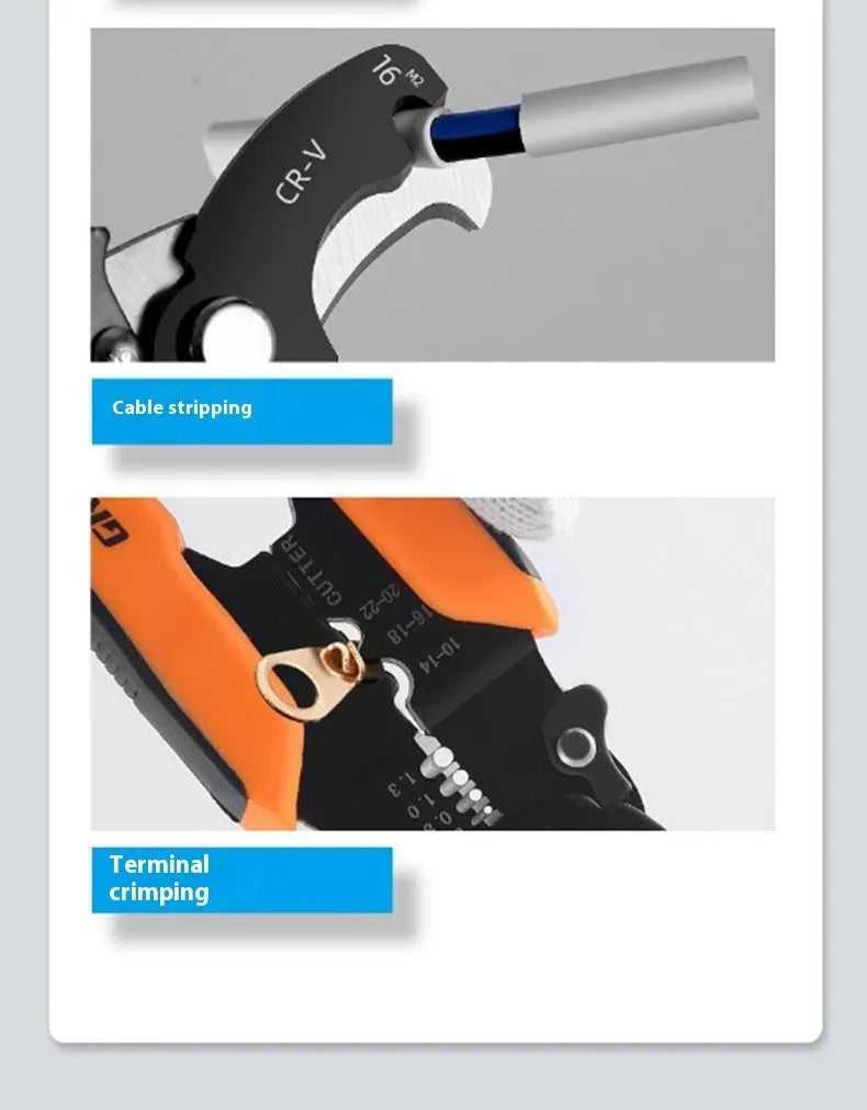 Fully automatic wire stripping pliers tool with a metal body on a white background.