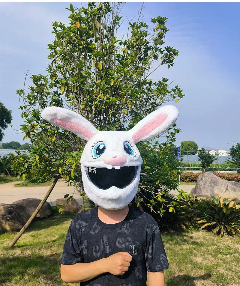 White decorative rabbit head helmet cover for electric motorcycles with warm plush PP cotton construction
